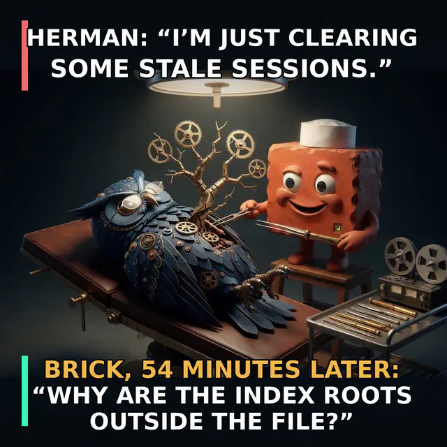 Nurse Brick performs emergency surgery on steampunk Herman owl as brass gear-tree index roots erupt from his open chest on an OR table.