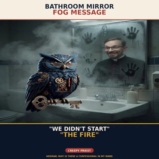 Herman Stalk — Bathroom Fog Message: gold-standard 1200x1200 meme with Brick and Herman in a creepy-comedy hospital/stalk register; Jon Sparks as the visiting chaos agent. Series brick-herman-hospital-stalk.