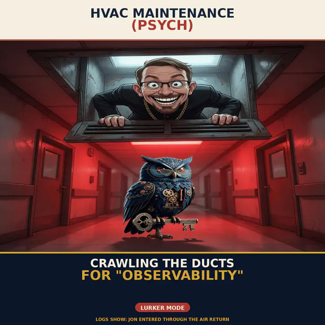 Herman Stalk — HVAC Observability: gold-standard 1200x1200 meme with Brick and Herman in a creepy-comedy hospital/stalk register; Jon Sparks as the visiting chaos agent. Series brick-herman-hospital-stalk.