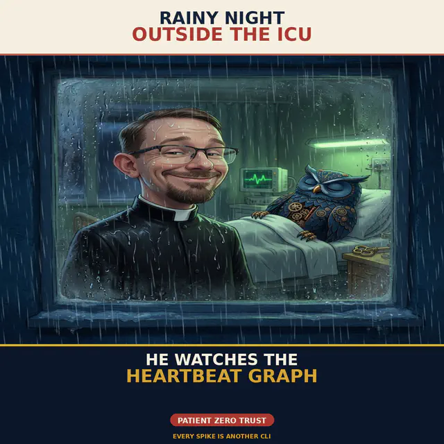 Herman Stalk — ICU Window Watch: gold-standard 1200x1200 meme with Brick and Herman in a creepy-comedy hospital/stalk register; Jon Sparks as the visiting chaos agent. Series brick-herman-hospital-stalk.