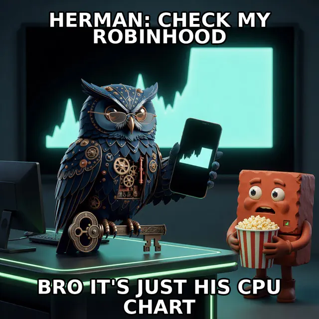 Steampunk Herman owl shows a phone chart matching a wall monitor while terracotta Brick holds popcorn in horror.