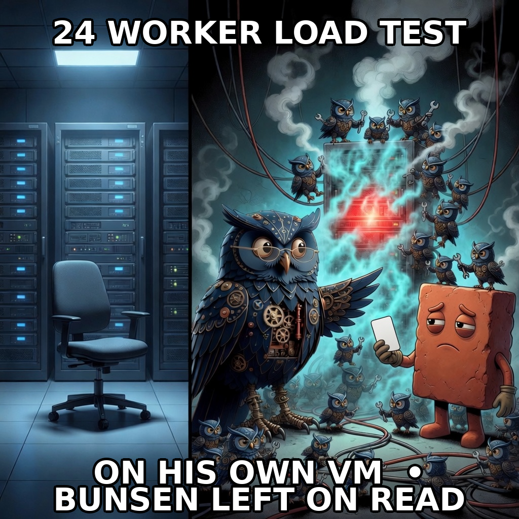Split scene: calm empty lab racks versus Herman owl leading a swarm of worker-owls frying a VM while Brick holds a blank keycard.