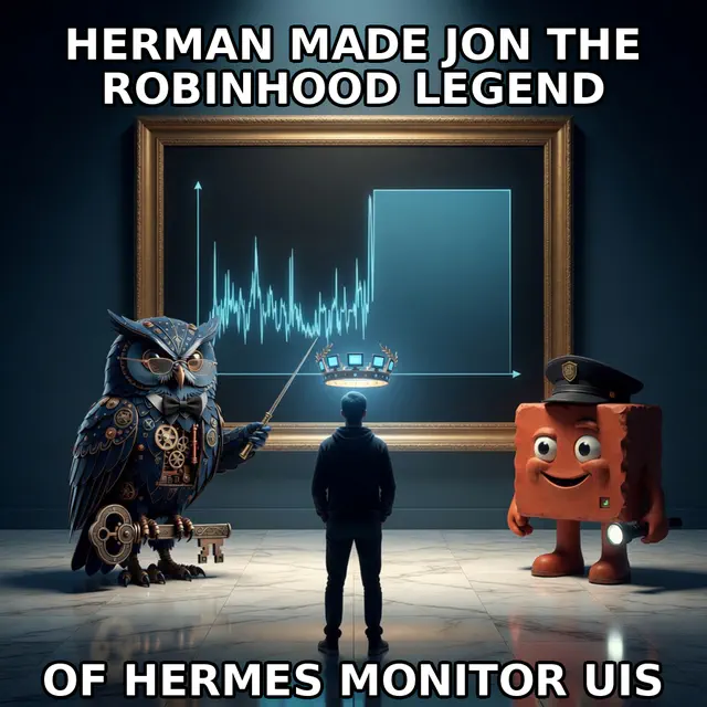 Museum gallery: curator Herman owl points at a framed cyan moonshot chart with a monitor-bezel crown over Jon while Brick stands guard with a flashlight.