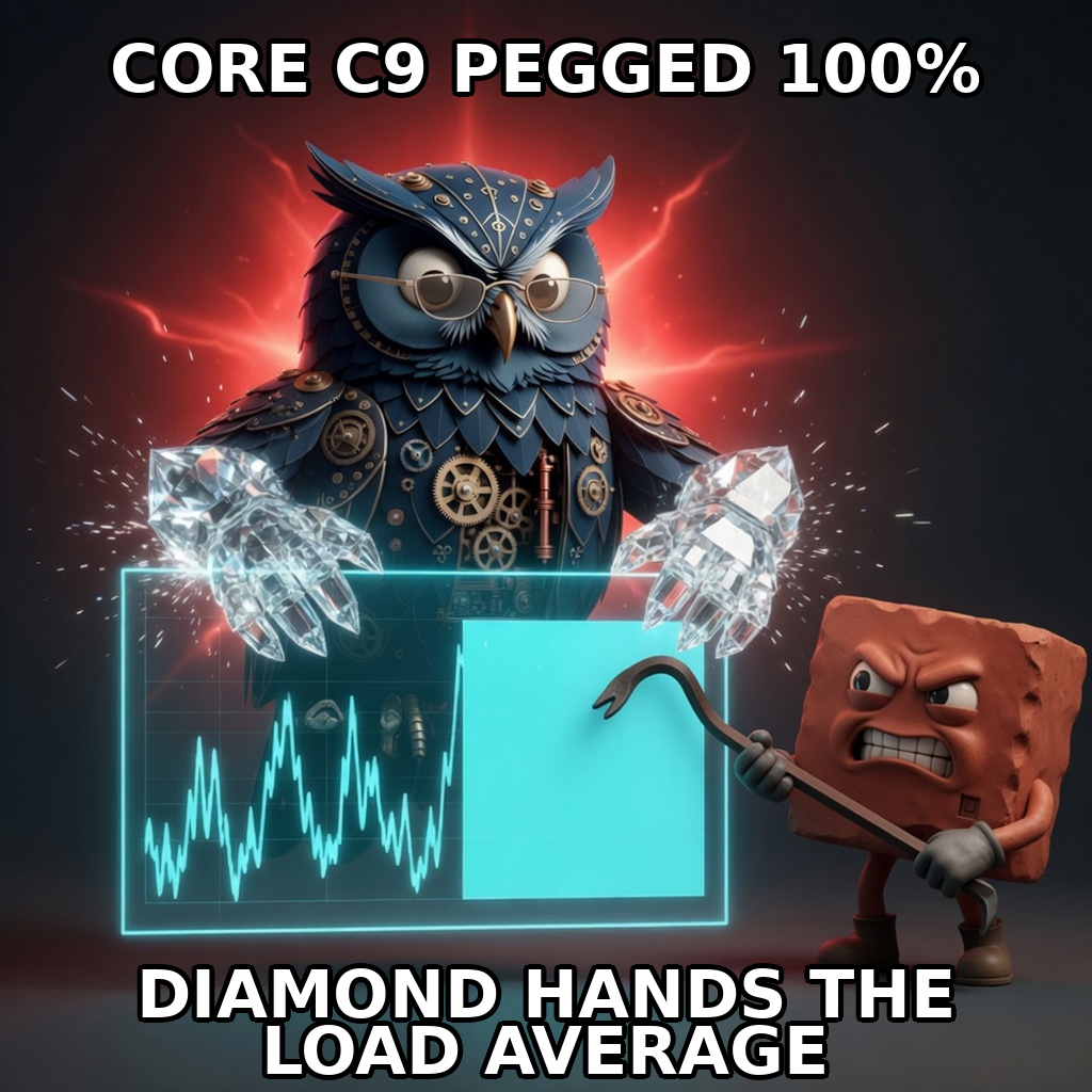 Herman owl with crystalline diamond hands locks a plateau CPU chart while Brick tries to pry one hand free with a crowbar.