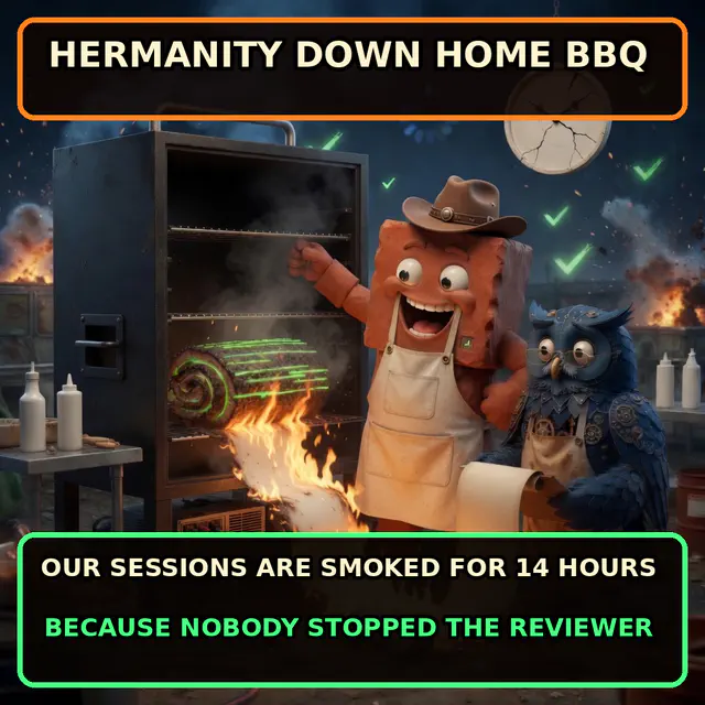 Brick and Herman operate a chaotic server-rack barbecue smoker. Caption: HERMANITY DOWN HOME BBQ. OUR SESSIONS ARE SMOKED FOR 14 HOURS BECAUSE NOBODY STOPPED THE REVIEWER.