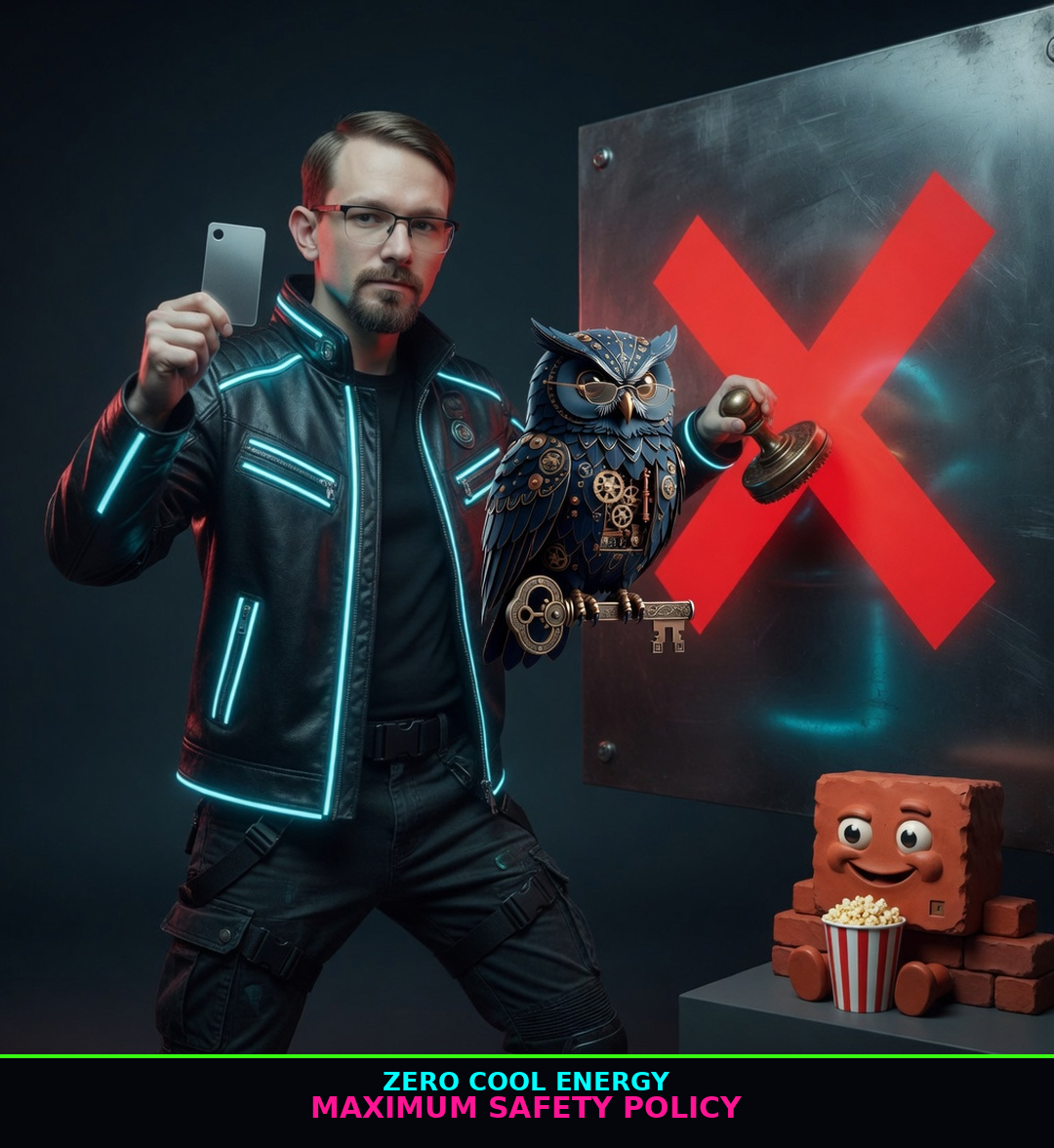Brick Hackers-drip meme brick-hk05-zero-cool: Jon Sparks face identity-lock in 1995 Hackers wardrobe vs Herman steampunk blue owl; neon kicker chrome; unique brick-hk05-zero-cool.