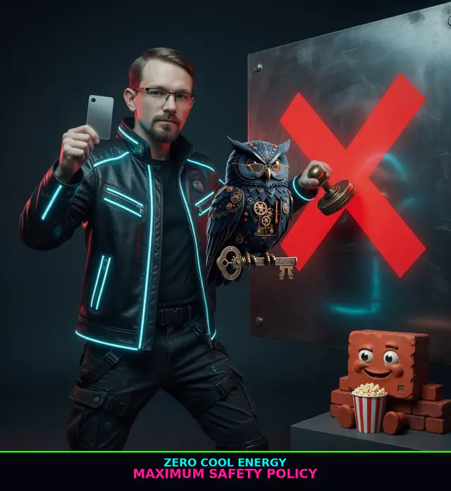 Brick Hackers-drip meme brick-hk05-zero-cool: Jon Sparks face identity-lock in 1995 Hackers wardrobe vs Herman steampunk blue owl; neon kicker chrome; unique brick-hk05-zero-cool.