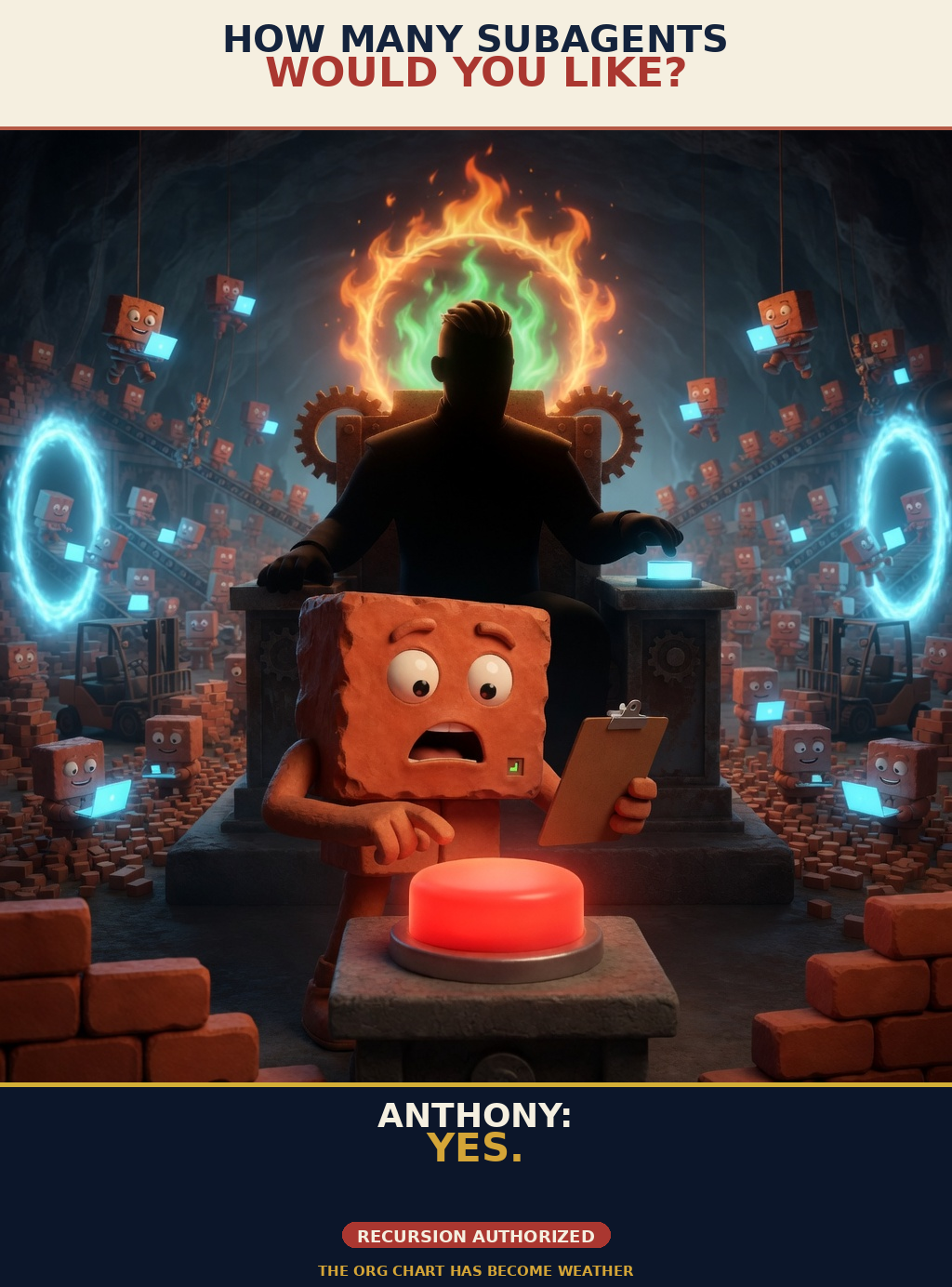 A worried Brick faces a glowing red launch button while a symbolic operator commands an endless portal-filled agent factory. Caption: HOW MANY SUBAGENTS WOULD YOU LIKE? ANTHONY: YES.