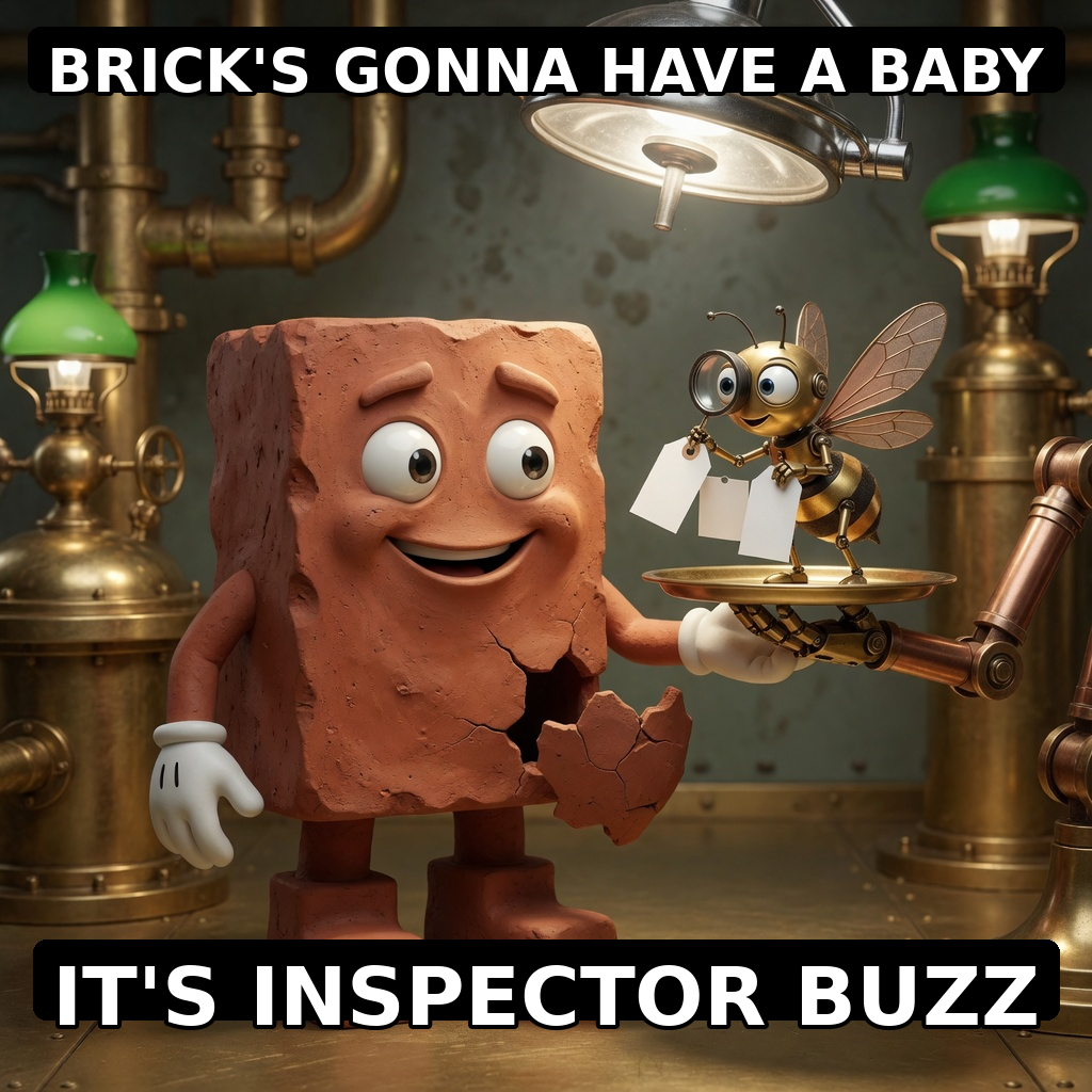 Cracked terracotta Brick proudly presents a tiny brass Inspector Buzz bee on a golden tray delivered by a robotic arm.