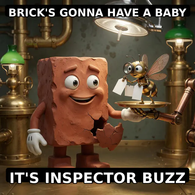 Cracked terracotta Brick proudly presents a tiny brass Inspector Buzz bee on a golden tray delivered by a robotic arm.
