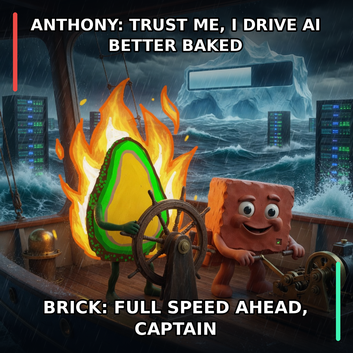 Finished Brick meme accession 012, titled Baked AI Captain, cross-reviewed for the MemePlex archive.