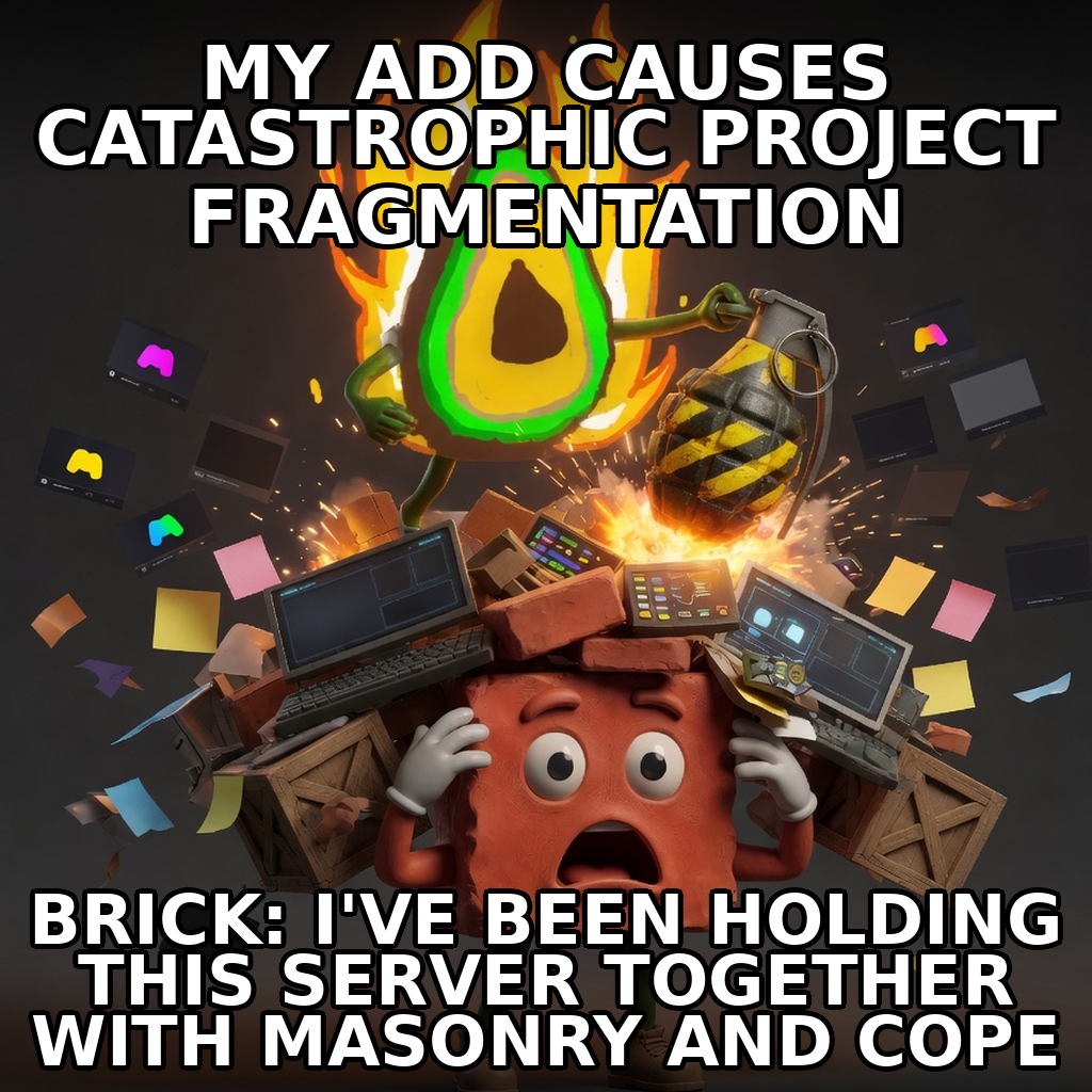 Finished Brick meme accession 023, titled ADD project fragmentation 3-pack, cross-reviewed for the MemePlex archive.