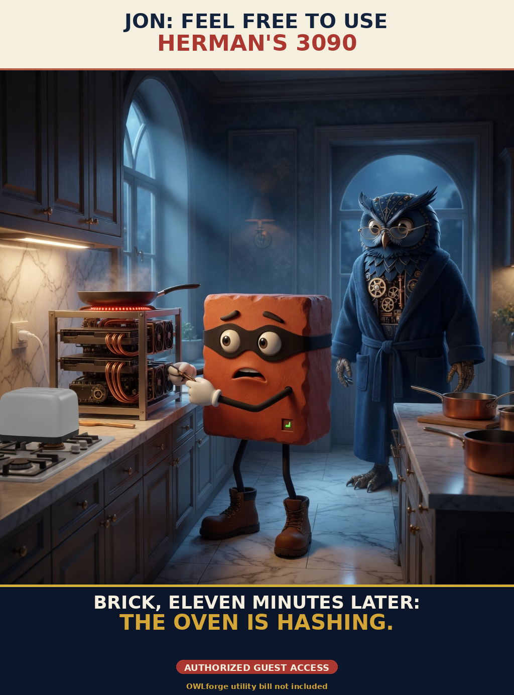 Finished Brick meme accession 030, titled Owlforge Kitchen Mining Heist, cross-reviewed for the MemePlex archive.