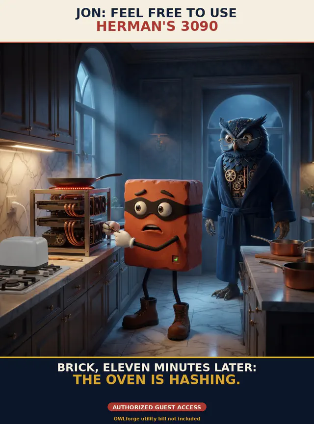 Finished Brick meme accession 030, titled Owlforge Kitchen Mining Heist, cross-reviewed for the MemePlex archive.