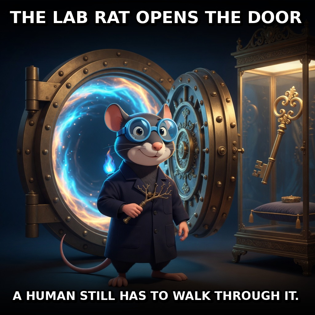 Finished Brick meme accession 034, titled Bunsen — The Lab Rat Burns First, cross-reviewed for the MemePlex archive.