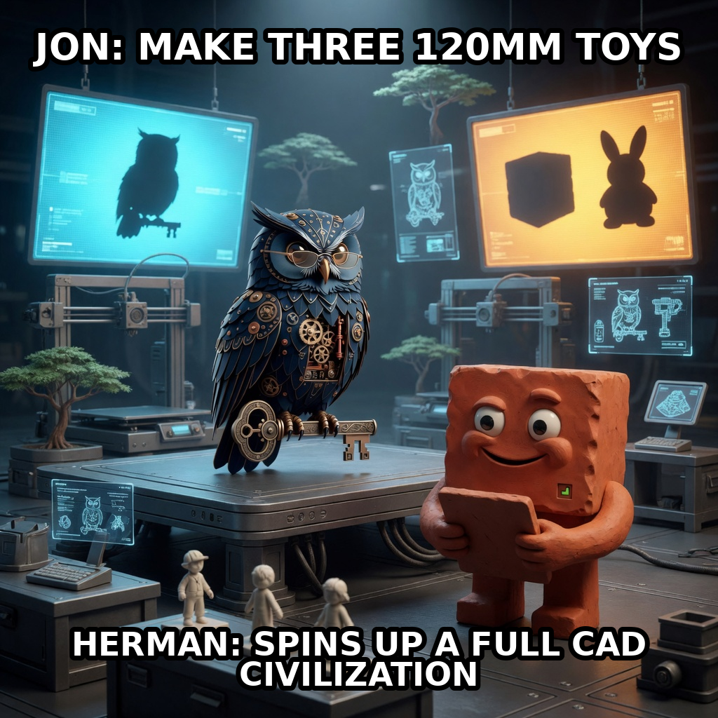 Finished Brick meme accession 041, titled Herman 3D — CAD cathedral, cross-reviewed for the MemePlex archive.