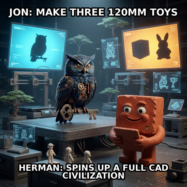 Finished Brick meme accession 041, titled Herman 3D — CAD cathedral, cross-reviewed for the MemePlex archive.