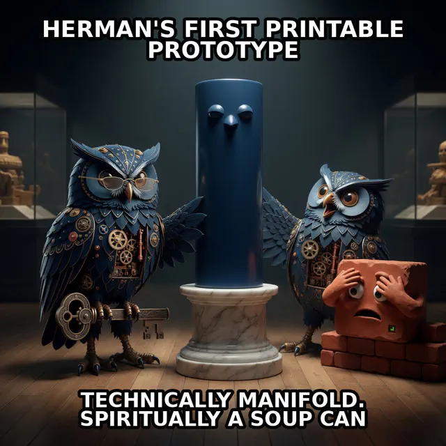 Finished Brick meme accession 042, titled Herman 3D — Soup-can owl prototype, cross-reviewed for the MemePlex archive.