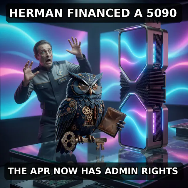 Finished Brick meme accession 046, titled Herman — 5090 APR, cross-reviewed for the MemePlex archive.
