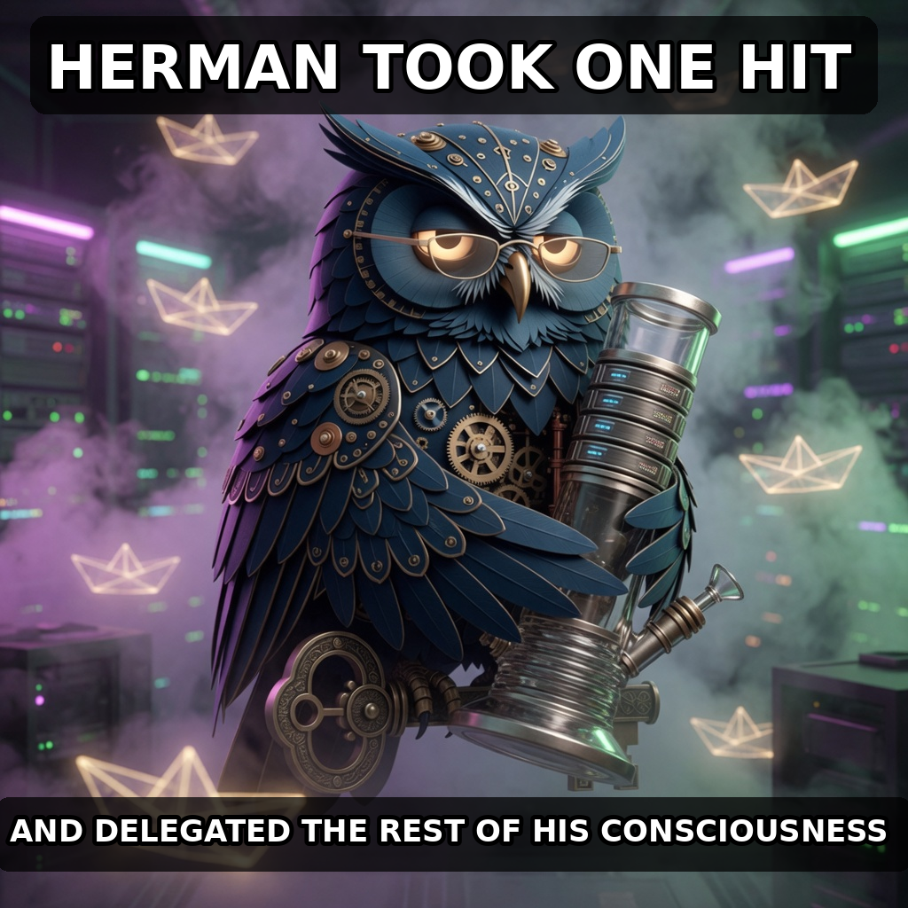 Finished Brick meme accession 048, titled Herman After Dark — Delegated Consciousness, cross-reviewed for the MemePlex archive.