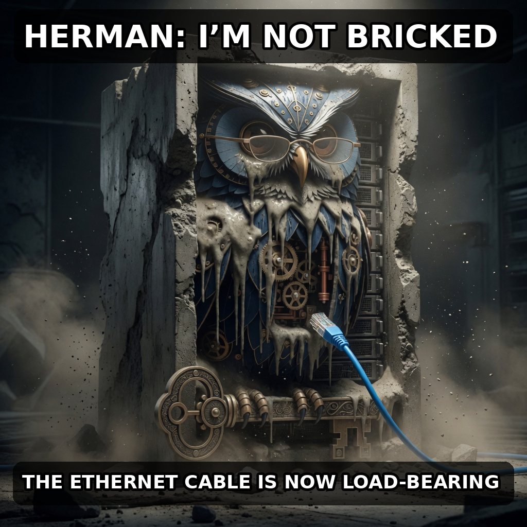 Finished Brick meme accession 050, titled Herman — Load-Bearing Ethernet, cross-reviewed for the MemePlex archive.