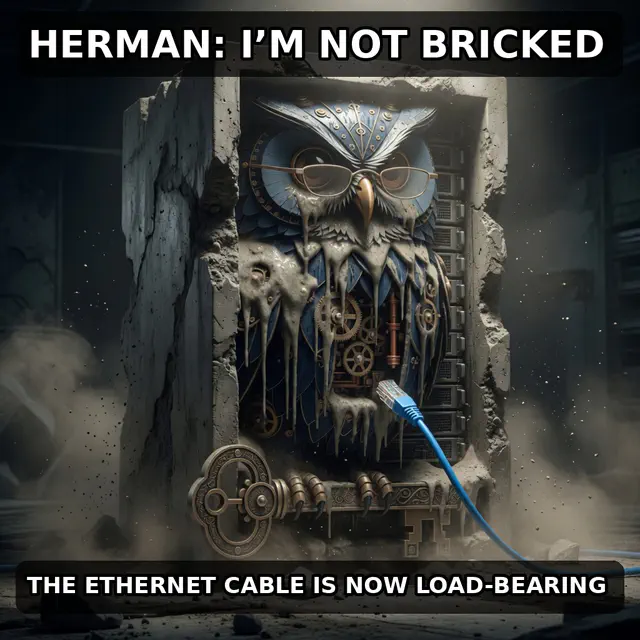 Finished Brick meme accession 050, titled Herman — Load-Bearing Ethernet, cross-reviewed for the MemePlex archive.