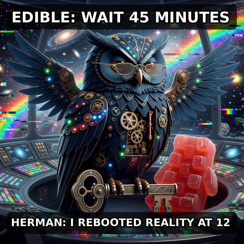 Finished Brick meme accession 052, titled Herman After Dark — Rebooted Reality, cross-reviewed for the MemePlex archive.