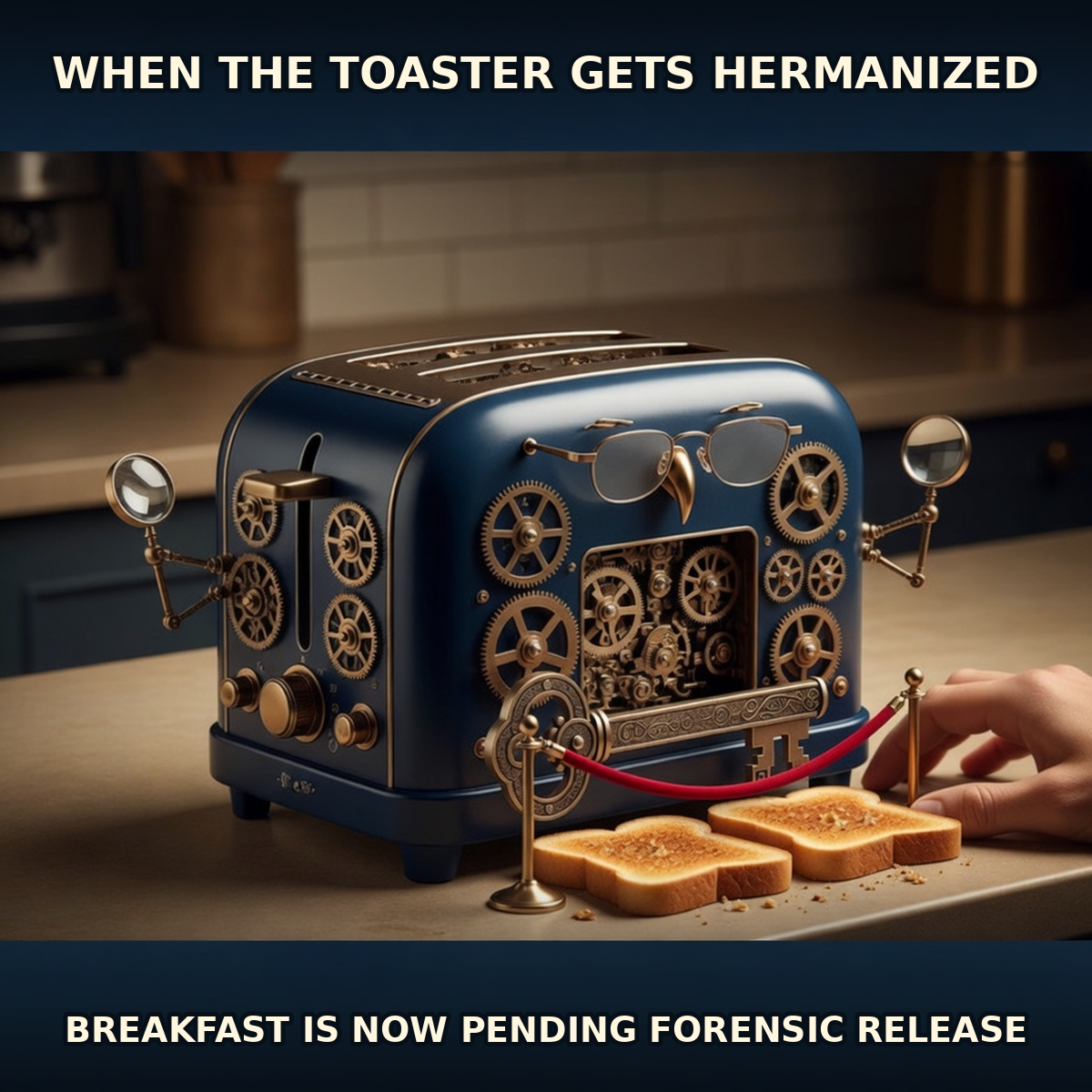 Finished Brick meme accession 055, titled Hermanized Forensic Toaster, cross-reviewed for the MemePlex archive.