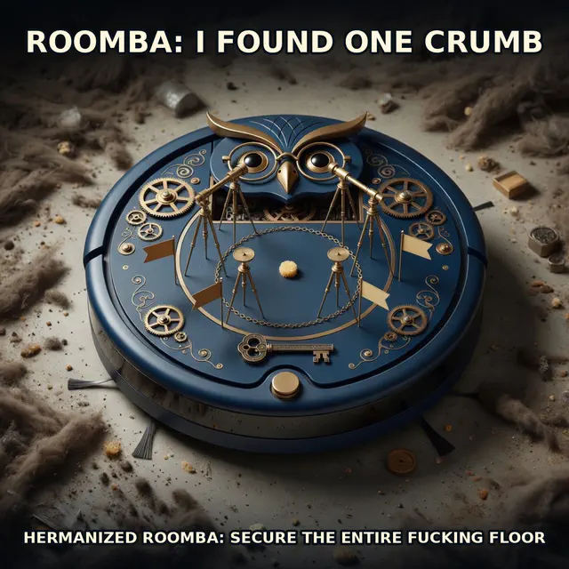 Finished Brick meme accession 056, titled Hermanized Crime-Scene Roomba, cross-reviewed for the MemePlex archive.