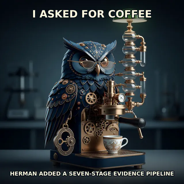 Finished Brick meme accession 057, titled Hermanized Evidence Coffee, cross-reviewed for the MemePlex archive.