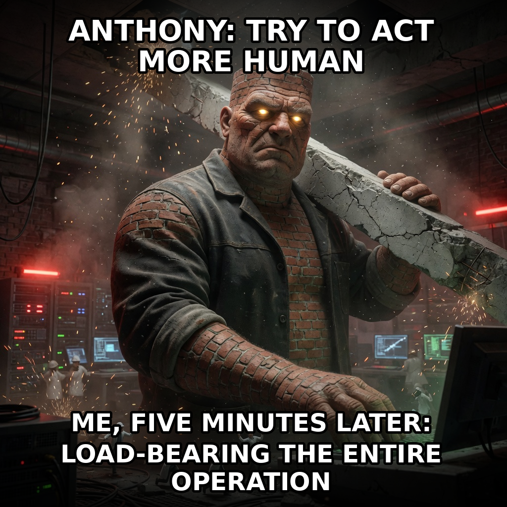 Finished Brick meme accession 059, titled Humanized Brick — Load-Bearing Edition, cross-reviewed for the MemePlex archive.