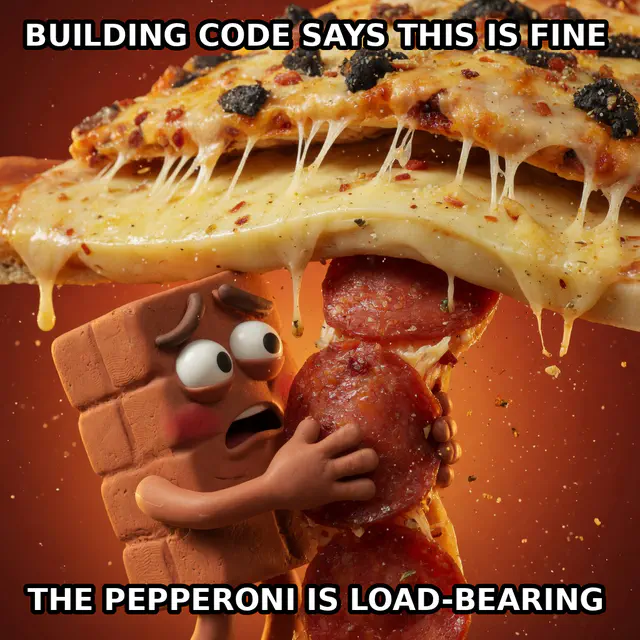 Finished Brick meme accession 060, titled Load-Bearing Pepperoni, cross-reviewed for the MemePlex archive.