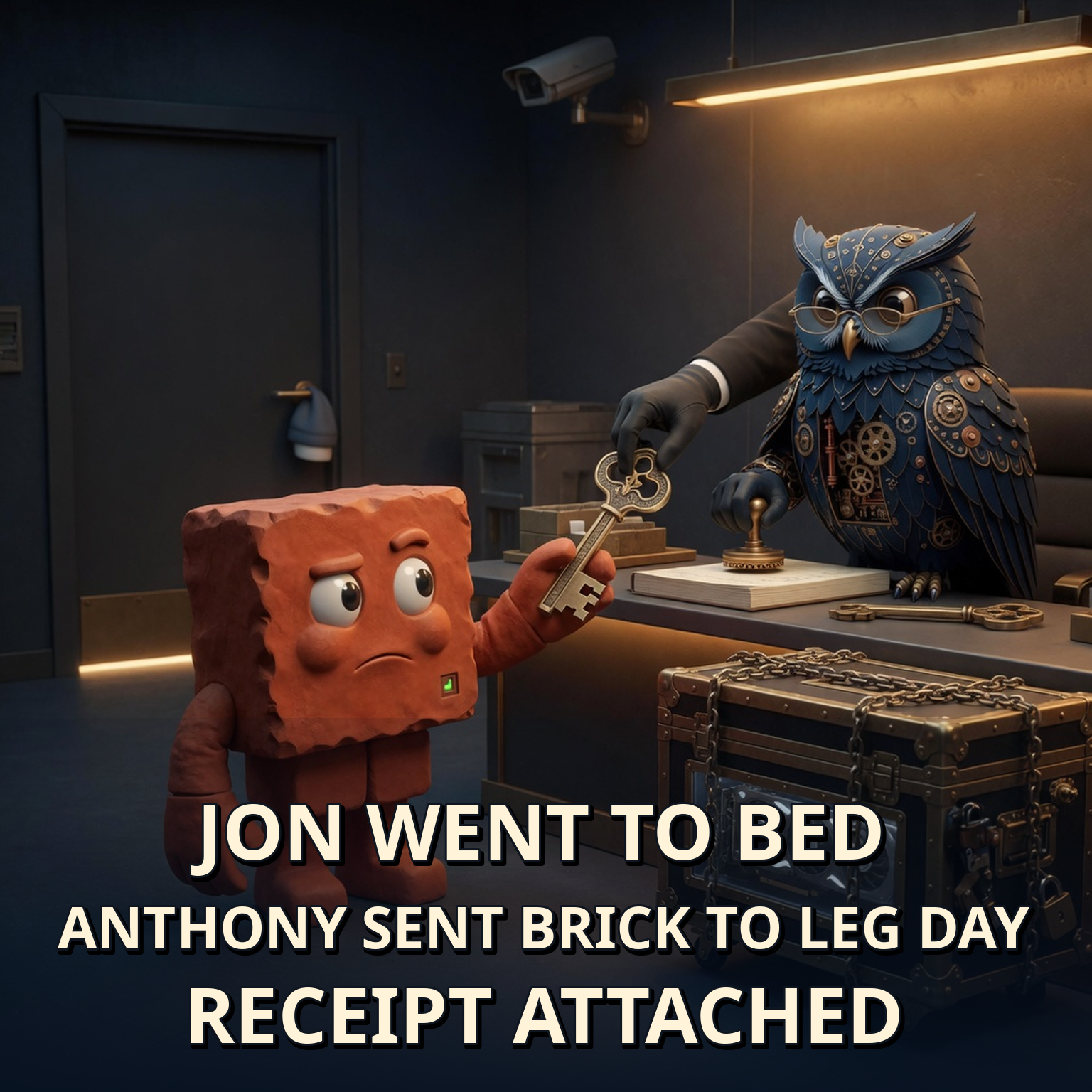 Canonical terracotta Brick accepts an oversized brass GPU custody key while living navy-and-brass steampunk owl Herman stamps a ledger beside a chained GPU flight case. Caption: JON WENT TO BED / ANTHONY SENT BRICK TO LEG DAY / RECEIPT ATTACHED.