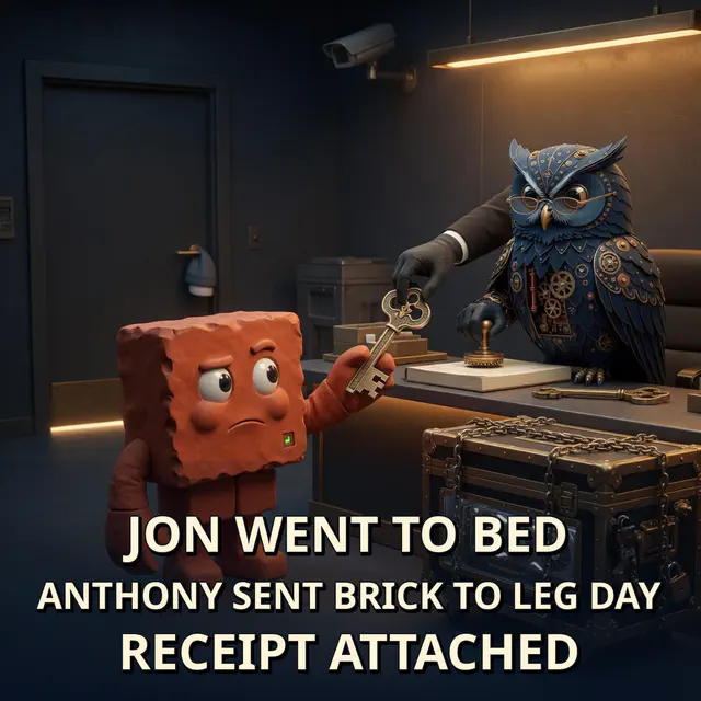 Canonical terracotta Brick accepts an oversized brass GPU custody key while living navy-and-brass steampunk owl Herman stamps a ledger beside a chained GPU flight case. Caption: JON WENT TO BED / ANTHONY SENT BRICK TO LEG DAY / RECEIPT ATTACHED.