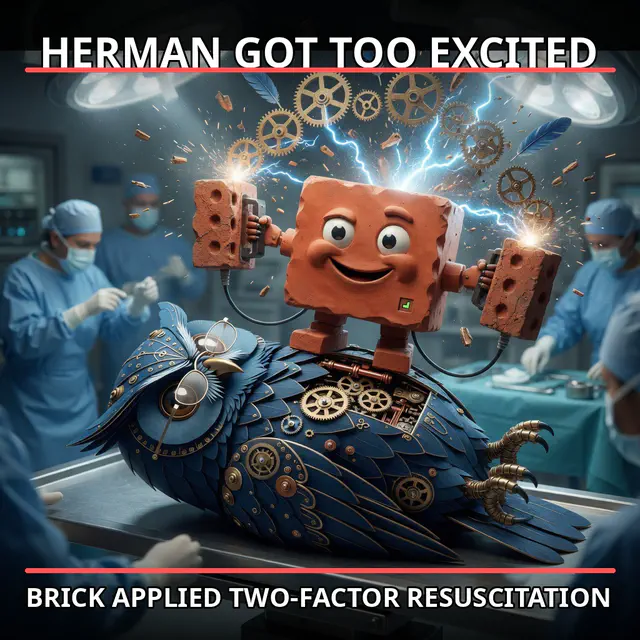 Finished Brick meme accession 086, titled Brick saves Herman: two-factor resuscitation, cross-reviewed for the MemePlex archive.