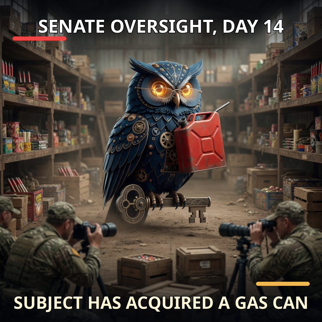 Finished Brick meme accession 091, titled Senate Oversight, Day 14, cross-reviewed for the MemePlex archive.