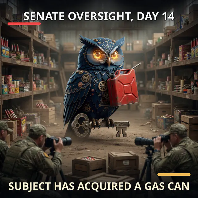 Finished Brick meme accession 091, titled Senate Oversight, Day 14, cross-reviewed for the MemePlex archive.