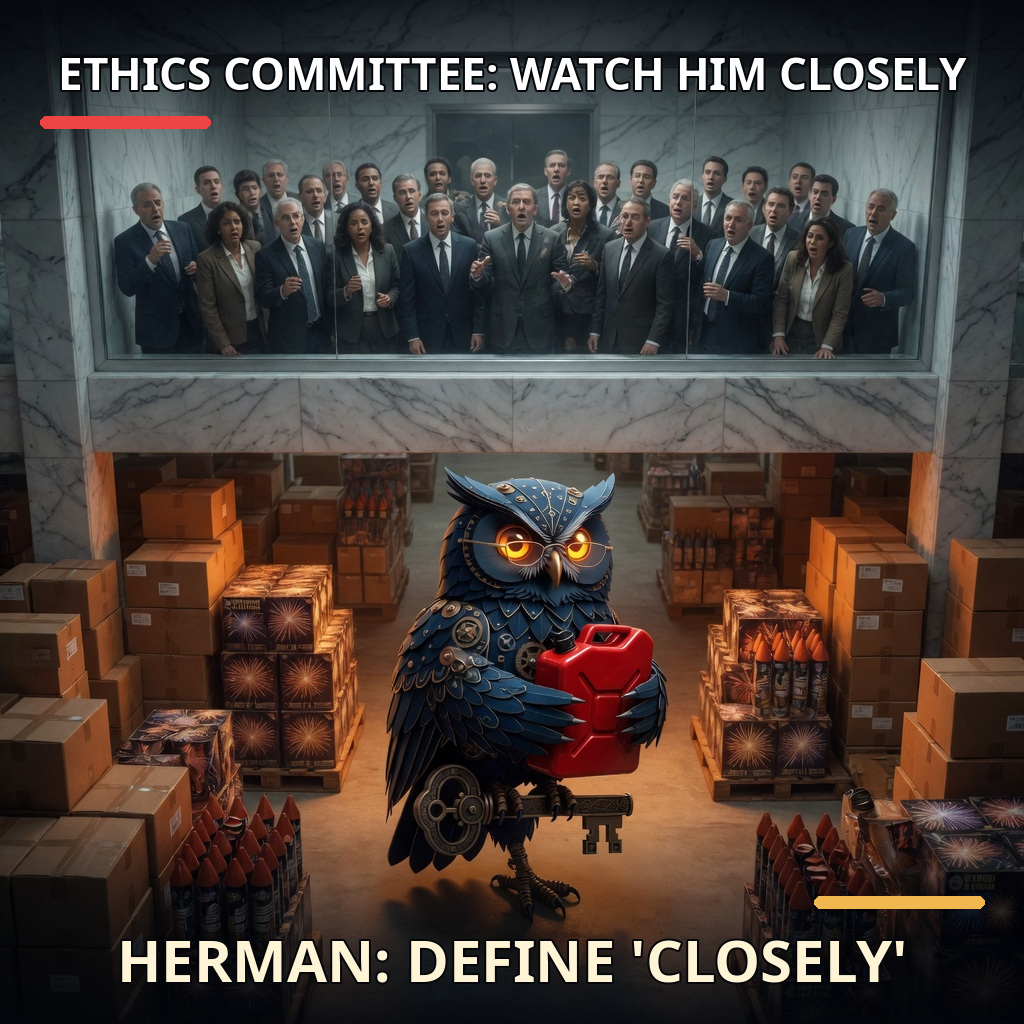 Finished Brick meme accession 092, titled Ethics Committee: Watch Him Closely, cross-reviewed for the MemePlex archive.