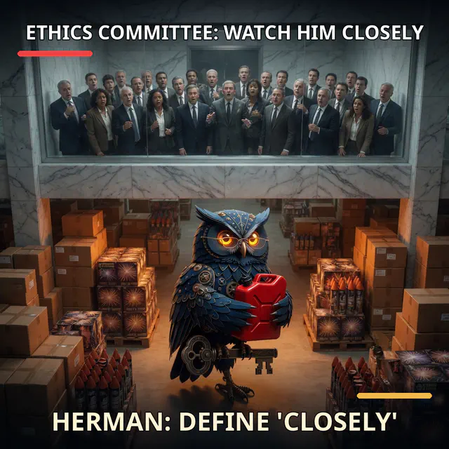 Finished Brick meme accession 092, titled Ethics Committee: Watch Him Closely, cross-reviewed for the MemePlex archive.