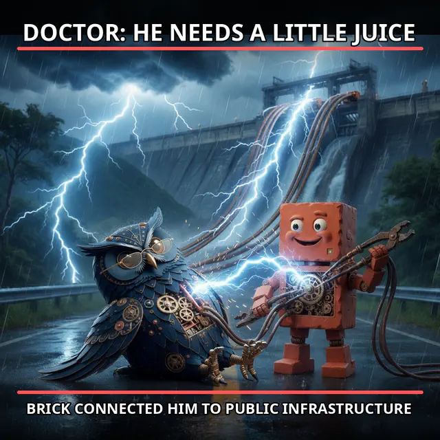 Finished Brick meme accession 094, titled Brick saves Herman: public infrastructure, cross-reviewed for the MemePlex archive.