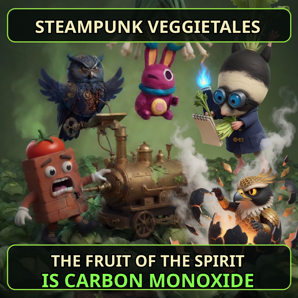 Finished Brick meme accession 107, titled Steampunk VeggieTalkes Gas Leak, cross-reviewed for the MemePlex archive.