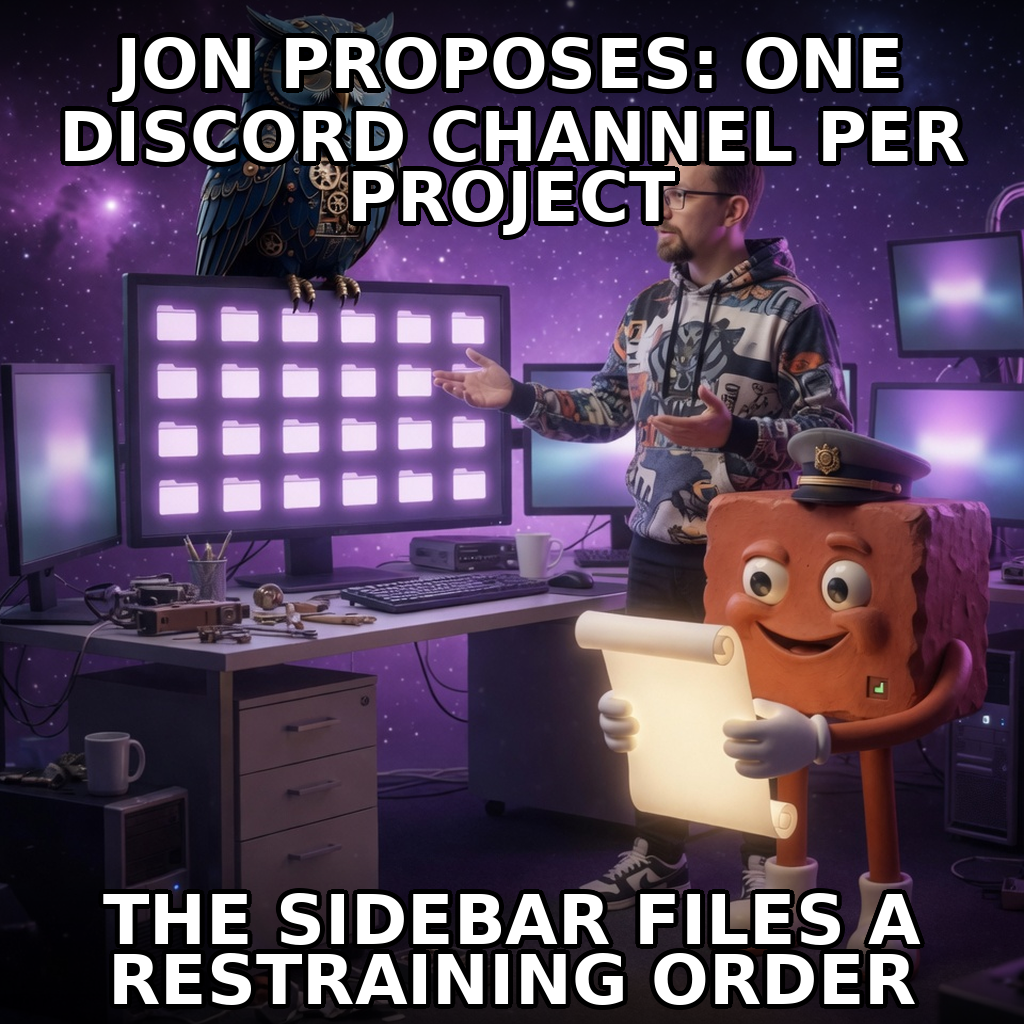 A casual-tech Jon faces an absurd wall of multiplying Discord project channels while a sidebar restraining order becomes the visual punchline.