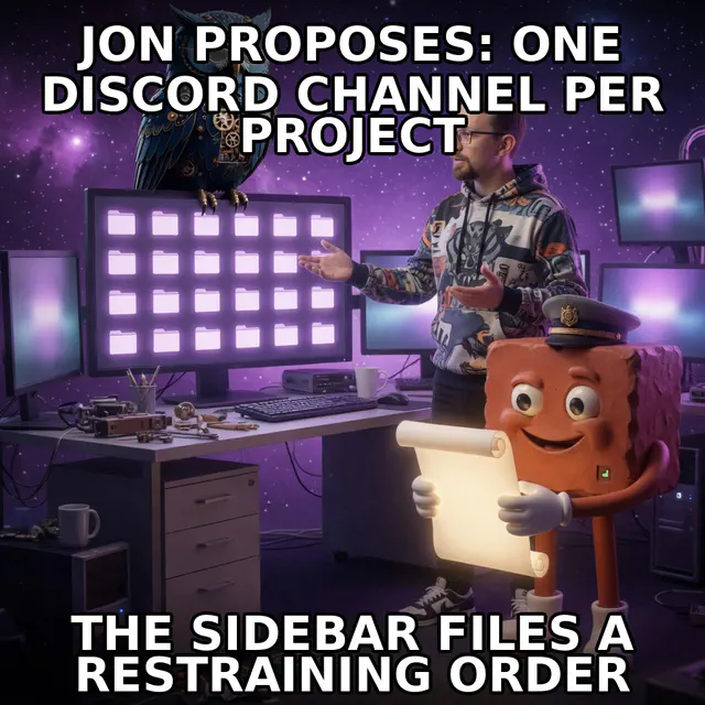 A casual-tech Jon faces an absurd wall of multiplying Discord project channels while a sidebar restraining order becomes the visual punchline.