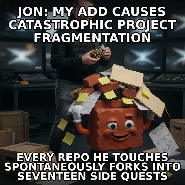 A casual-tech Jon calmly holds a glowing project-fragmentation grenade while duplicated project folders explode across a cinematic operations room.