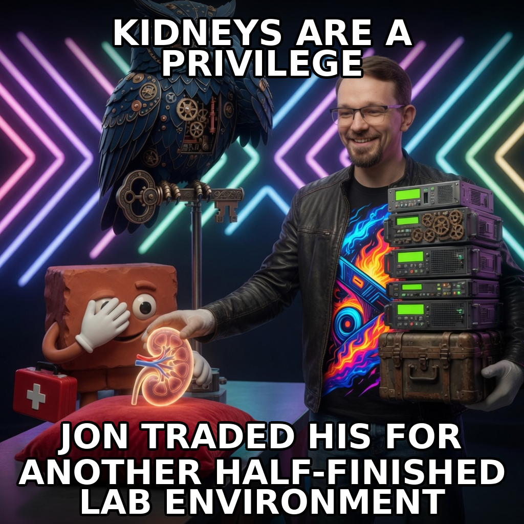 A casual-tech Jon trades labeled lab equipment as project scope multiplies around him in a premium cinematic operations scene.