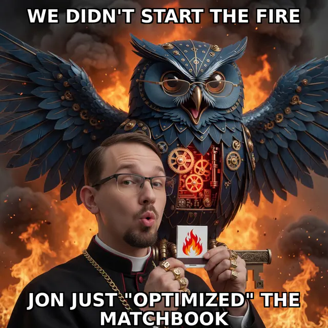 Brick session meme brick-jon-fire-v2-01-matchbook: Jon Sparks priest-swag identity-lock versus Herman steampunk blue owl in dark-comedy roast register; cream-navy caption chrome; unique frame brick-jon-fire-v2-01-matchbook.