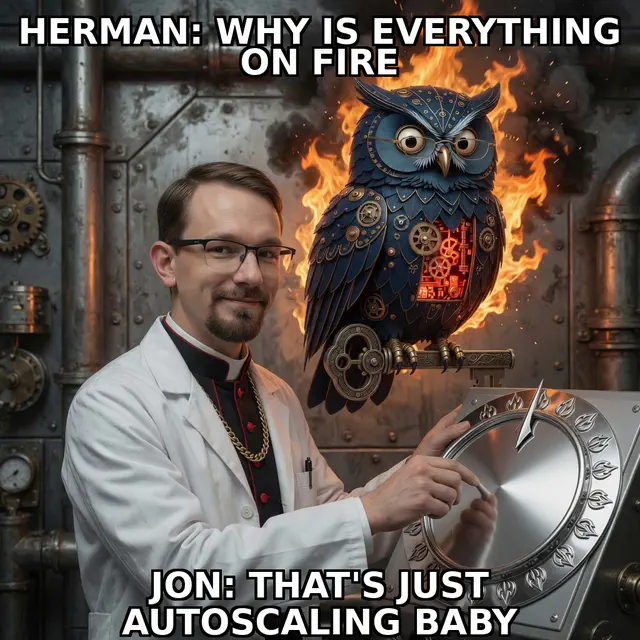 Brick session meme brick-jon-fire-v2-02-autoscale: Jon Sparks priest-swag identity-lock versus Herman steampunk blue owl in dark-comedy roast register; cream-navy caption chrome; unique frame brick-jon-fire-v2-02-autoscale.