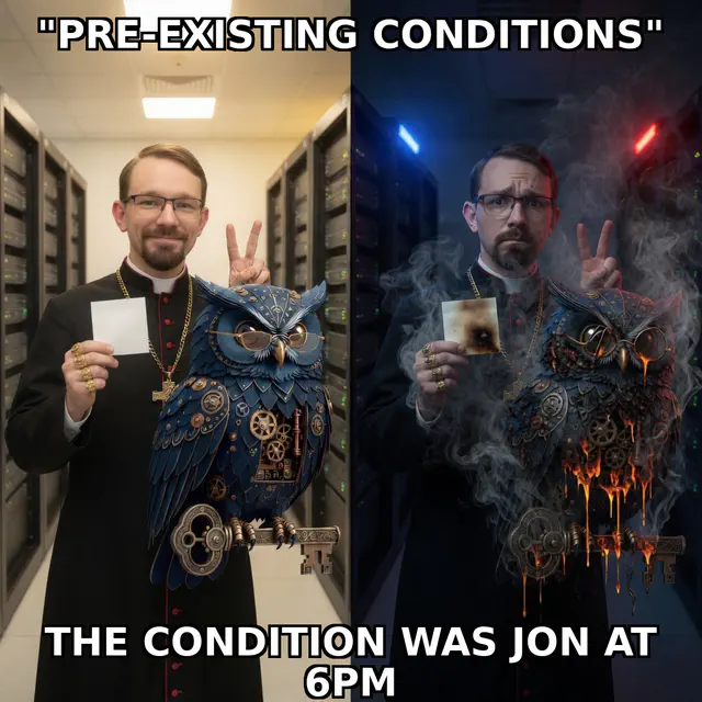 Brick session meme brick-jon-fire-v2-03-preexisting: Jon Sparks priest-swag identity-lock versus Herman steampunk blue owl in dark-comedy roast register; cream-navy caption chrome; unique frame brick-jon-fire-v2-03-preexisting.