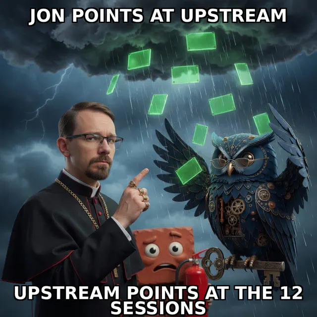 Brick session meme brick-jon-fire-v2-04-blame-upstream: Jon Sparks priest-swag identity-lock versus Herman steampunk blue owl in dark-comedy roast register; cream-navy caption chrome; unique frame brick-jon-fire-v2-04-blame-upstream.