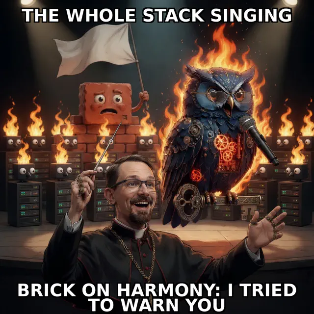 Brick session meme brick-jon-fire-v2-05-choir: Jon Sparks priest-swag identity-lock versus Herman steampunk blue owl in dark-comedy roast register; cream-navy caption chrome; unique frame brick-jon-fire-v2-05-choir.